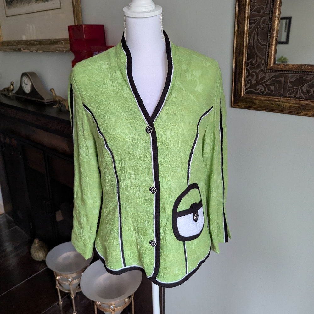 Canvasbacks Women's Medium Lime Green Jacket Art to Wear 3/4 Sleeve  Button Up